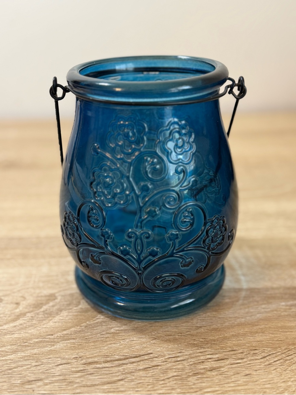 Blue Embossed Glass Lantern - Home Accents